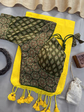 Yellow Handloom Cotton Saree With Mehndi Ajrakh Print Redy Made Blouse